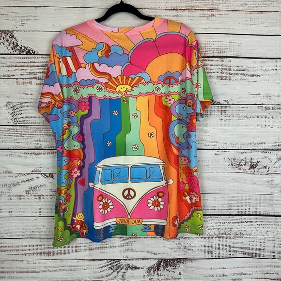 Women's Aug Rivers VW Bus Allover Graphic Rainbow Hippie Print T Shirt Size XXL - Picture 2 of 5